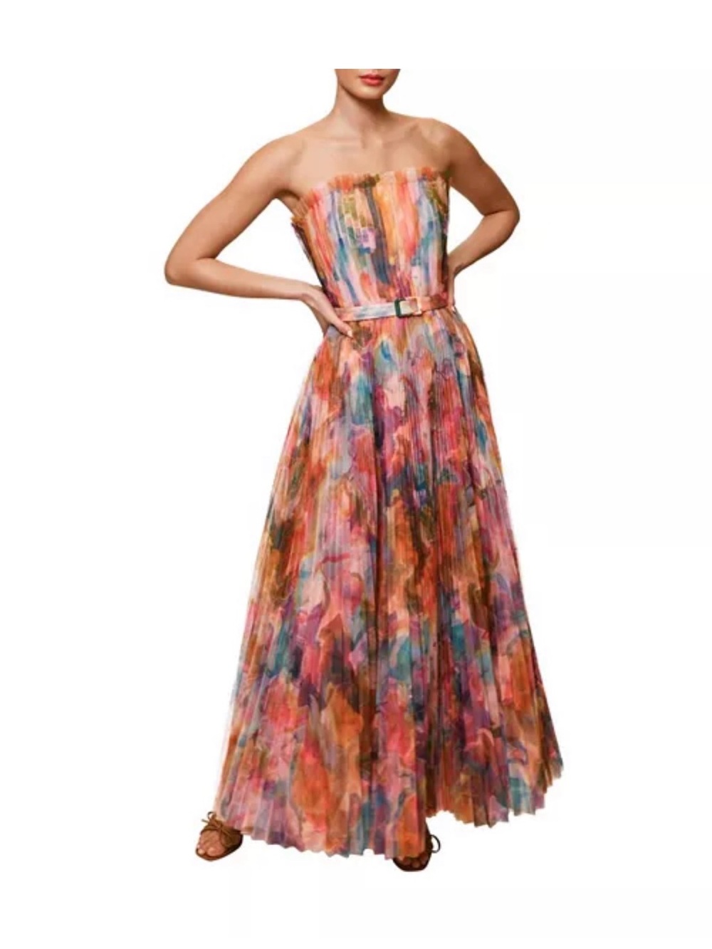 Hutch Strapless Watercolor Pleated Maxi Dress in Multicolor